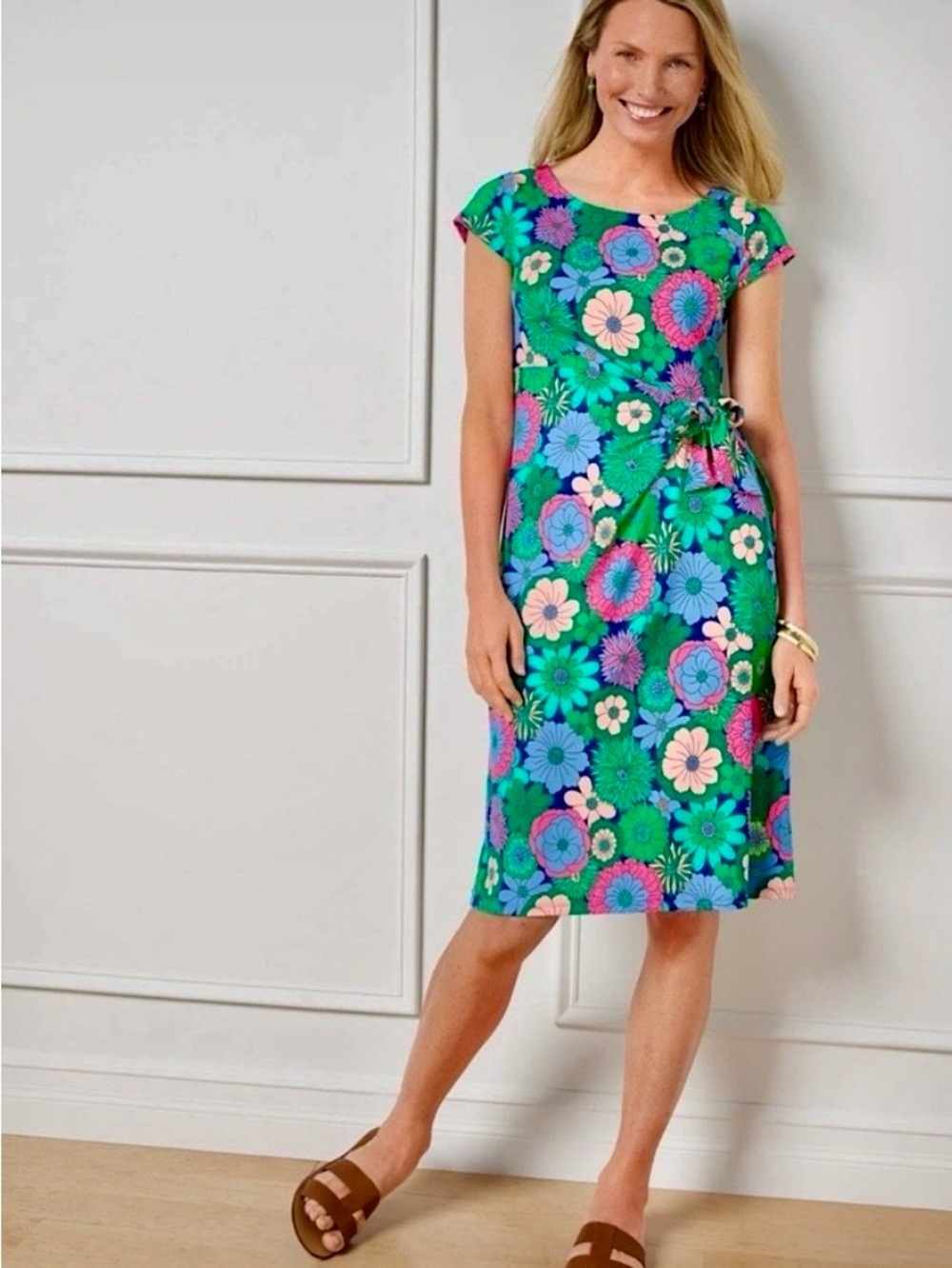 Talbots Large Effortless Jersey green & blue floral cap sleeve tie waist dress